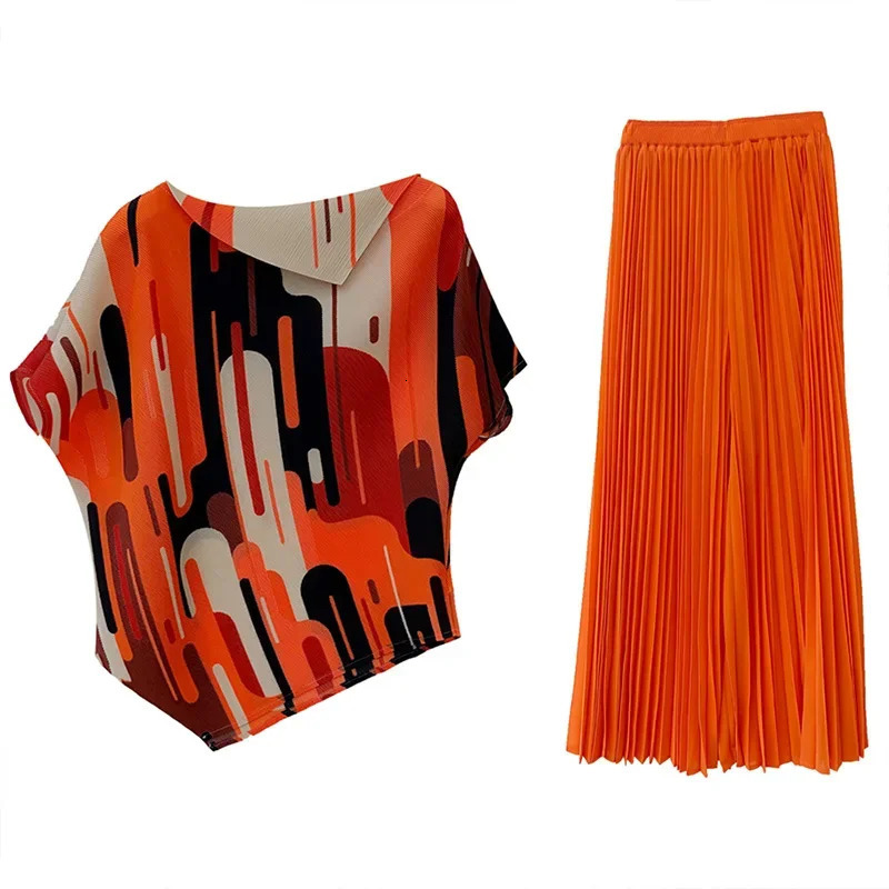 Printed Miyake Pleated Pant Sets Women Contrast Color Tops Wide Leg Trousers Elegant Two Piece Sets 2025 2AN5903 250210