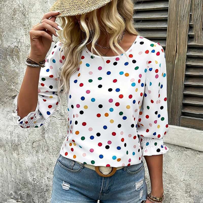 Women's Summer Top Round Neck Eight-Sleeved White Shirt Polka Dot Casual Breathable Fiber