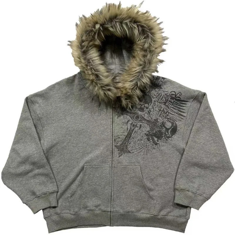 Street fashion winter personality print n zipper hoodie women Y2k Harajuku vintage fur collar warm loose jacket 250213