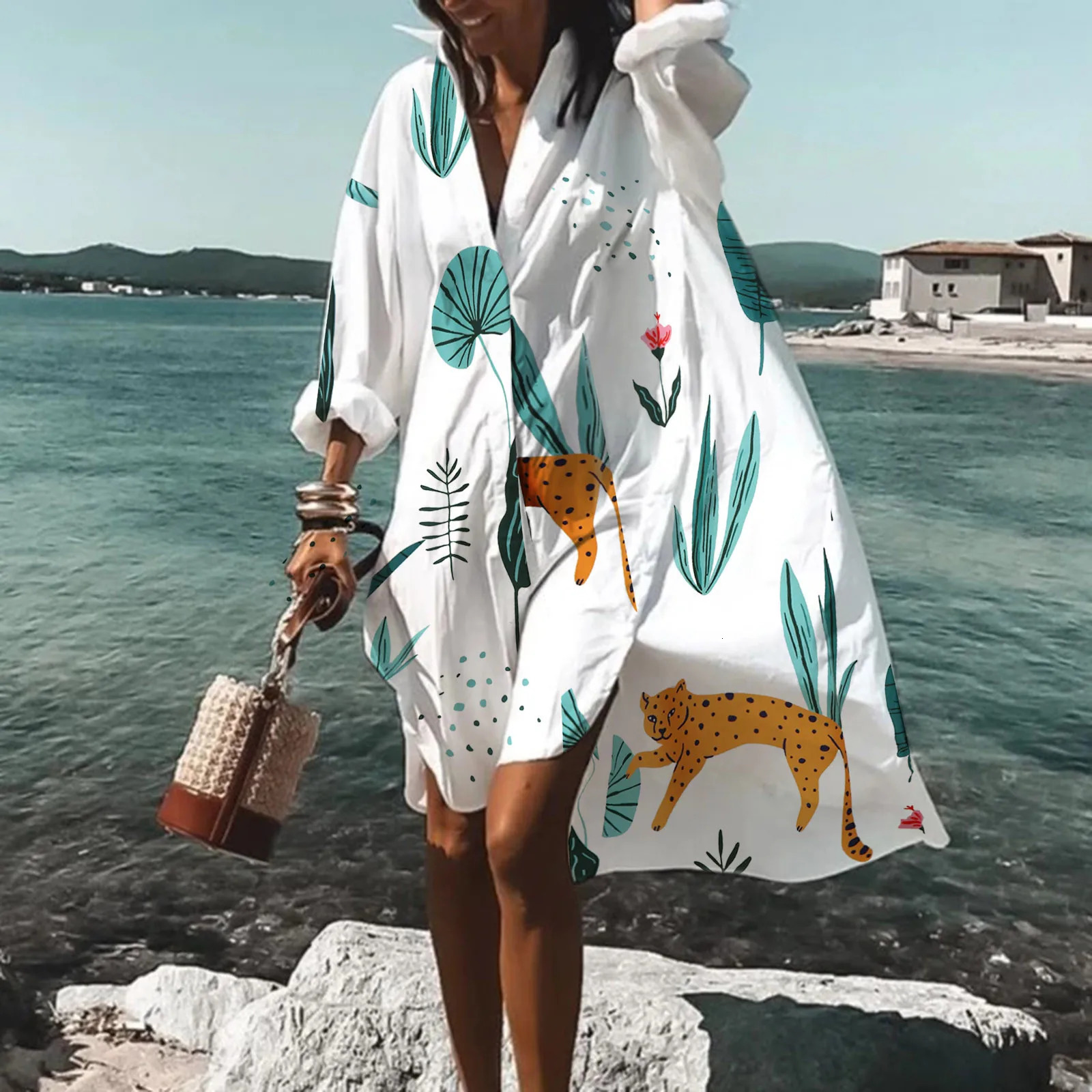 Beach Dress Bikini CoverUp Women Bohemian Printed Beachwear Robe VNeck Long Sleeve Swim Wear Cover Ups Loose Sundress 250214