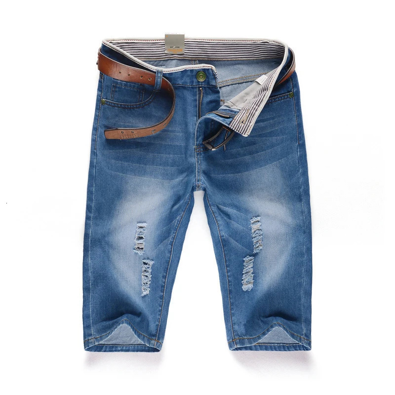 Summer Mens Personalized Washable Perforated Denim Short Pants Male Casual Straight Jeans 250217