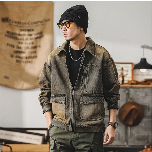 Spring and Fall Mens plussize Cyberpunk Waste Denim jacket High quality pure cotton rustwashed functional work size5XL 250212