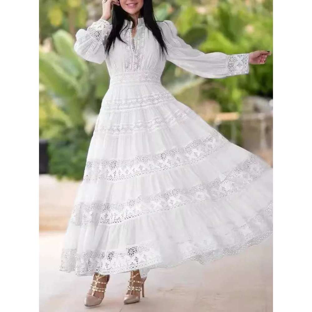 Elegant Women's Mesh Hollow Out Design Dresses Round Neck High Waist Long Sleeve Evening Dress Spring 2025 New