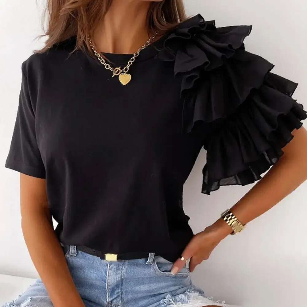 Fashion Blouse Women Elegant White Solid Color Layered Ruffle Short Sleeve Asymmetric Loose T-Shirt Top For Summer Women Blouses