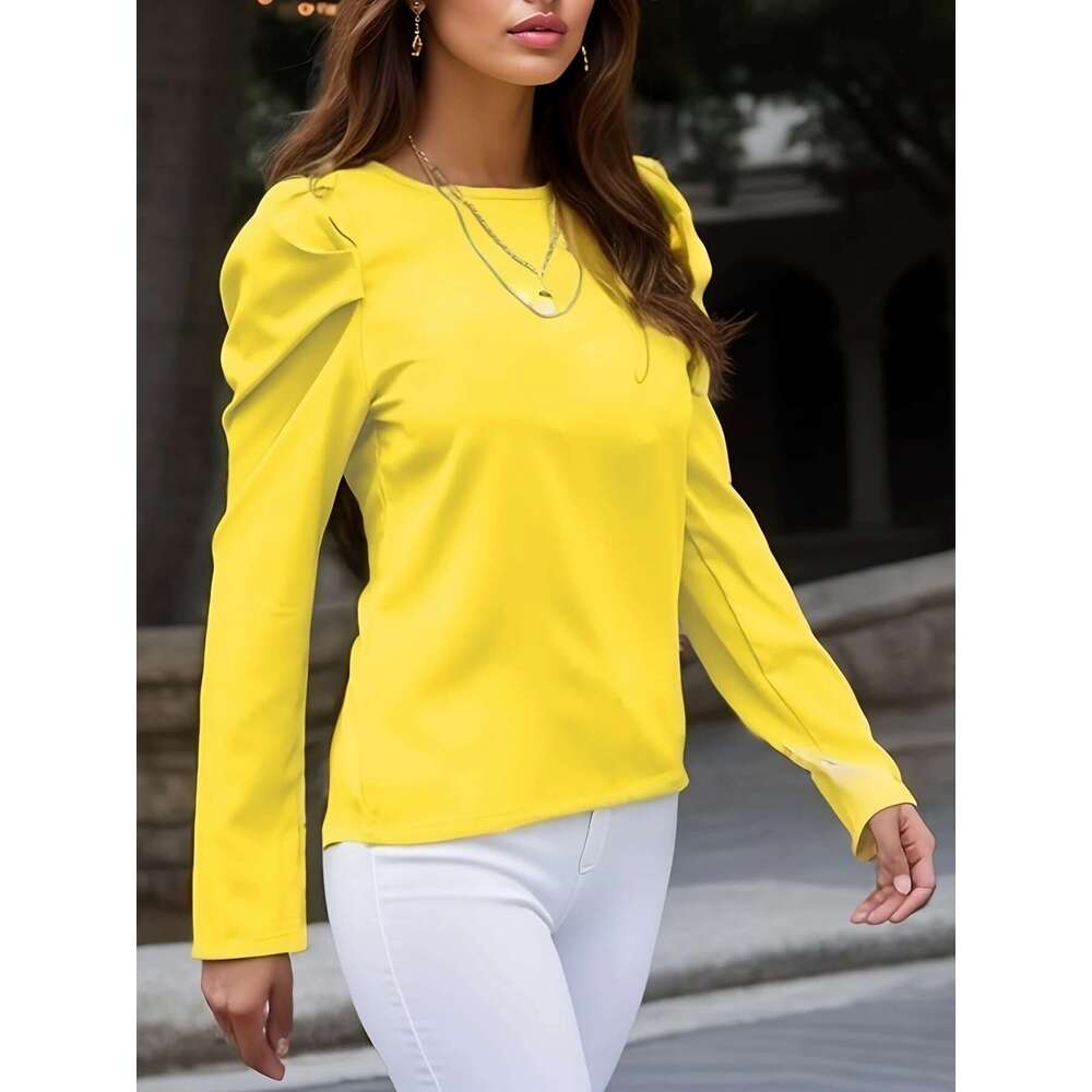 New Fashion Chic Female Elegant Long Sleeve Ruched Blouse - Women's Solid Crew Neck Top For Casual And Formal Wear