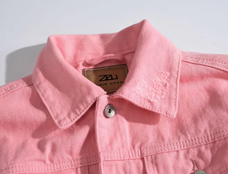 Mens Autumn Ripped Denim Jacket Loose Long Sleeve Pink 250210