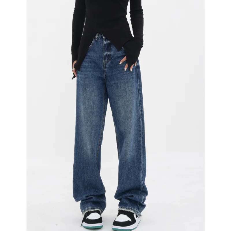 Blue High Waist Women Jeans Color Contrast Vintage American Fashion Streetwear Wide Leg Jean Female Trouser Baggy Denim Pants