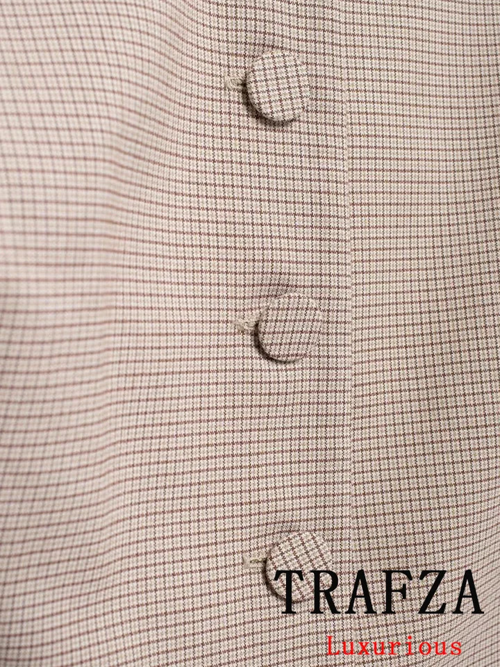 TRAFZA Vintage Casual Chic Office Lady Blazer Women Plaid O-Neck Sleeveless Single Breasted Blazer Fashion Spring Blazers 250210