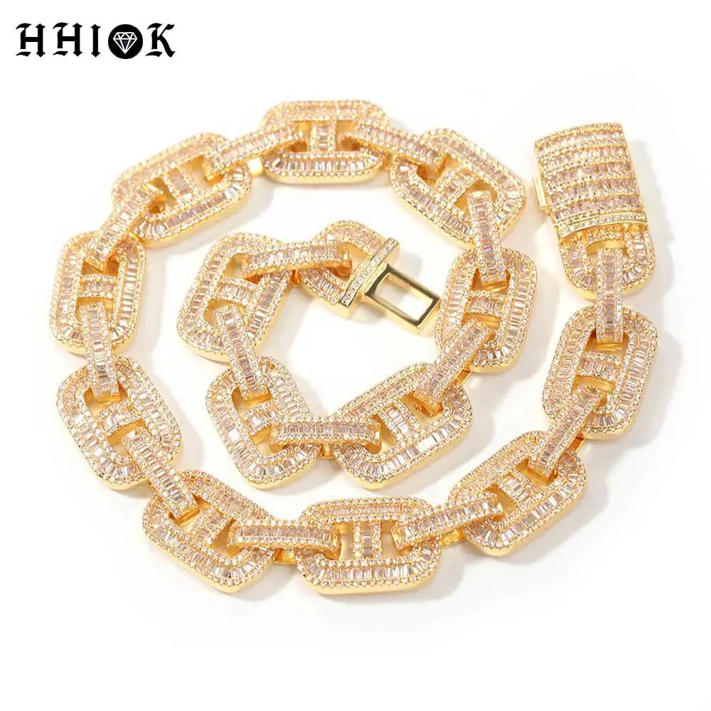 15mm Hip Hop Jewelry Iced Out Pig Nose Chain Bling Rectangle CZ Coffee Bean Cuban Chain Necklace for Men Women 250214