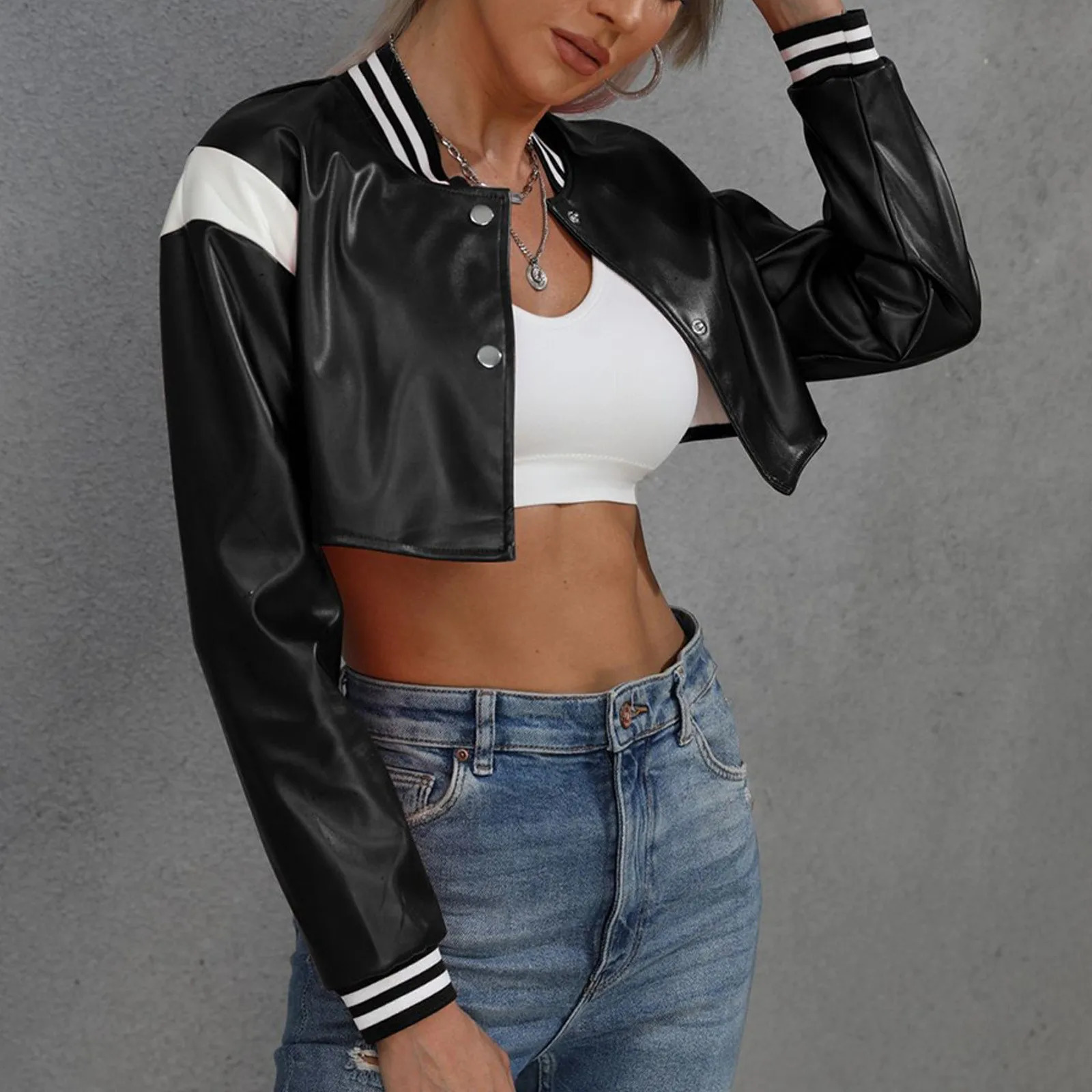 WomenS Fashion Cropped Baseball Jacket Color Block Stand Short Leather Ladies Trendy Cool Outerwears 250211