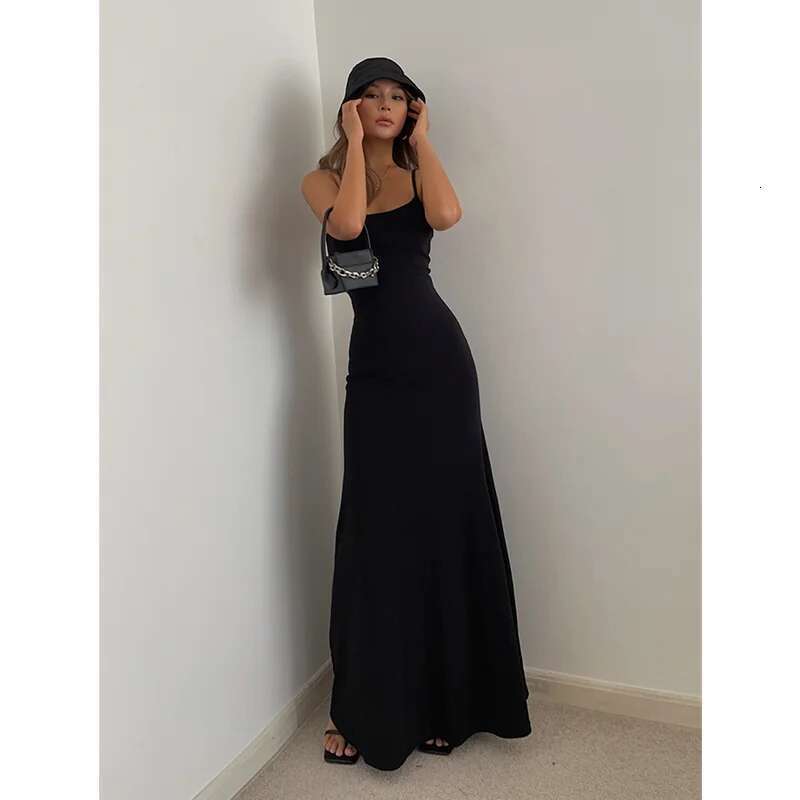 Summer Black Womens Straps Sleeveless Sexy Korean Fashion Grey Suspender Simple Temperament Longuette Skirt Dress