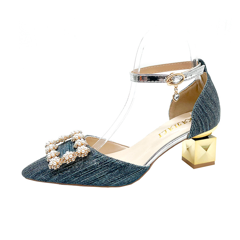 2025 Water diamond square buckle high heels for women spring pointed toe thick heels shallow mouth hollow single shoes for women