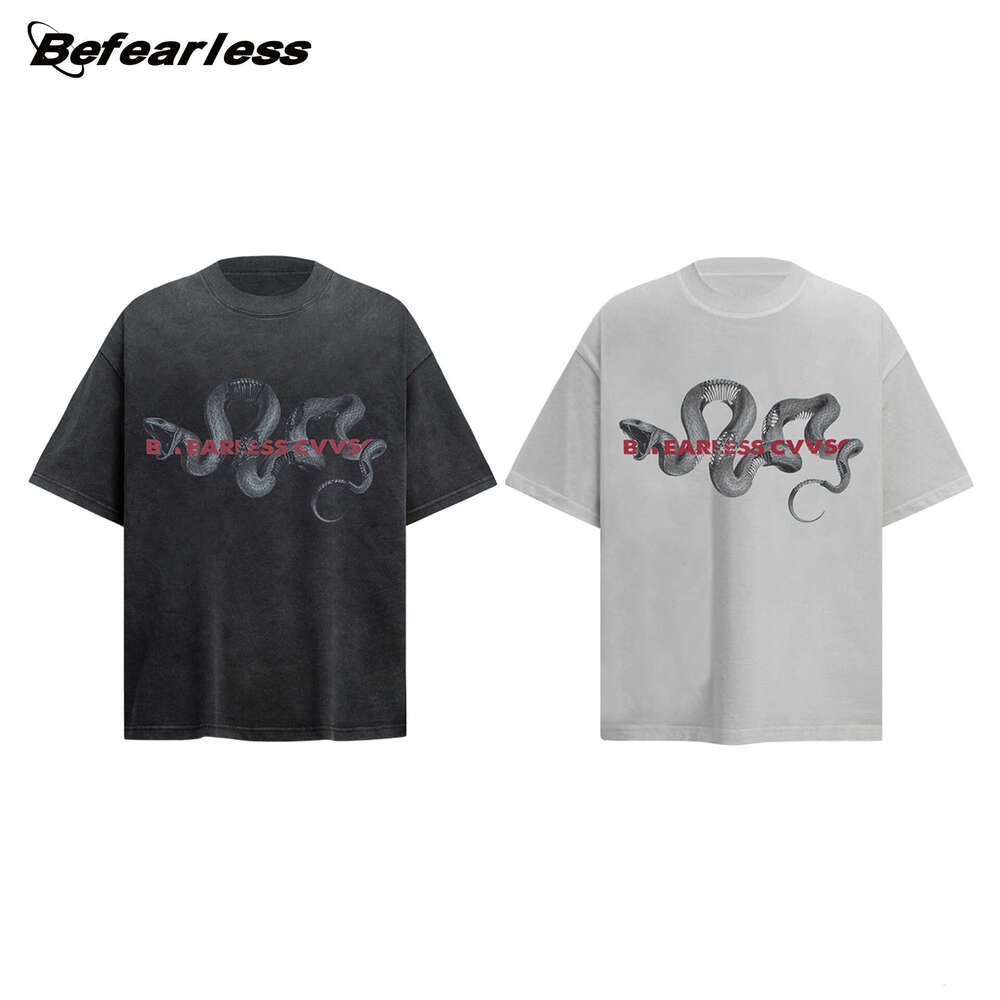 Wash old snake print short for summer, American style wash water to make old, loose trendy brand, men's and women's half sleeved T-shirt