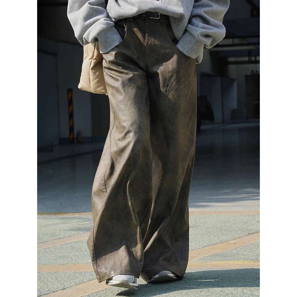 Vintage High Waist Pu Leather Pants For Women Wide Leg Trousers Streetwear Clothing Female 2025 Winter New 26D7603
