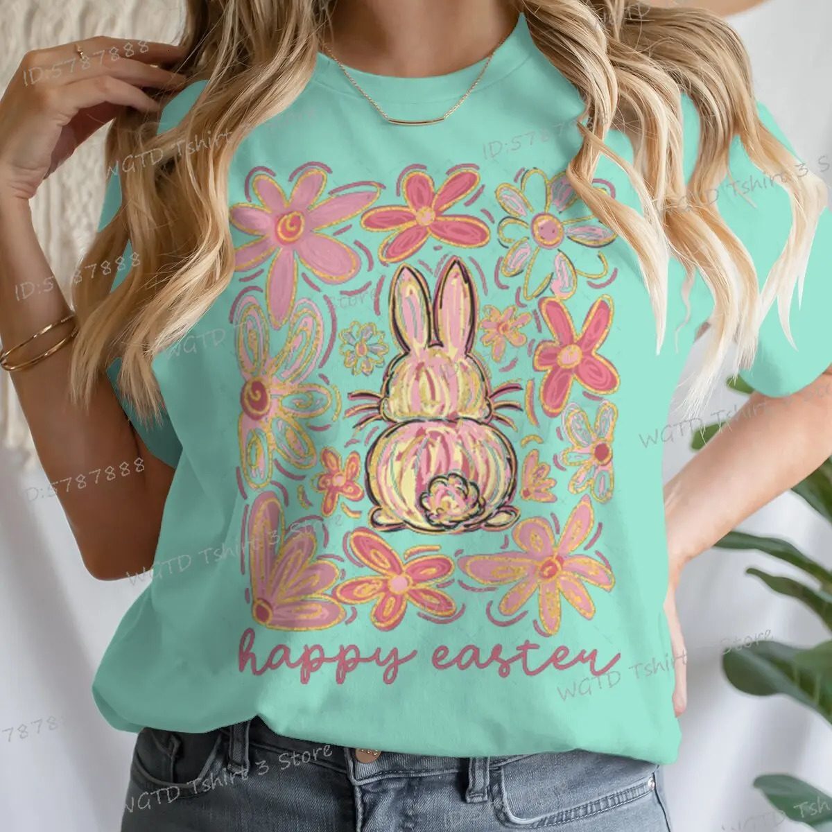 Happy Easter Bunny T-shirts s Pink Easter Floral Short Sleeve T-shirt Glitter Easter Bunny Coquette Bow Flower Vintage Shirt 250217