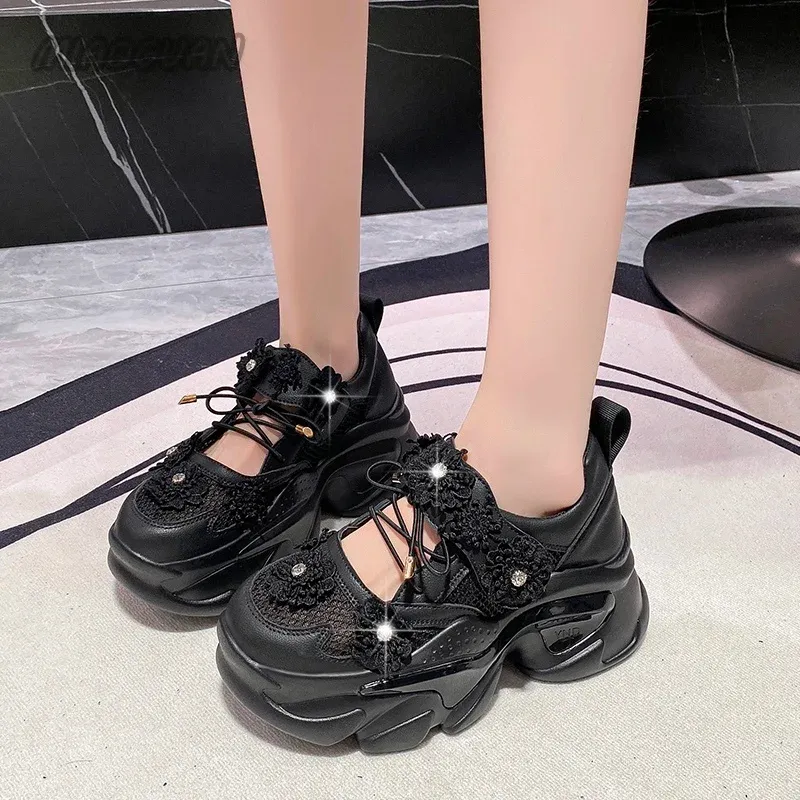 Women Platform Sneakers Casual Breathable Crystal wer Shoes Summer Chunky Tennis 7.5CM Hidden Heels Hollow Leisure Shoe Woman