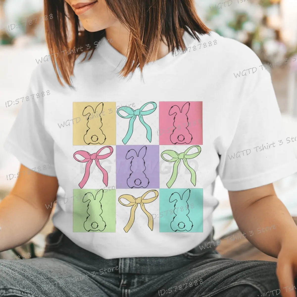 Woman T-shirts Easter Bunny Coquette Bow Graphic Tee Clothes Easter Vibes Shirt Gift for Her Vintage Easter Day Rabbit T-shirt 250217