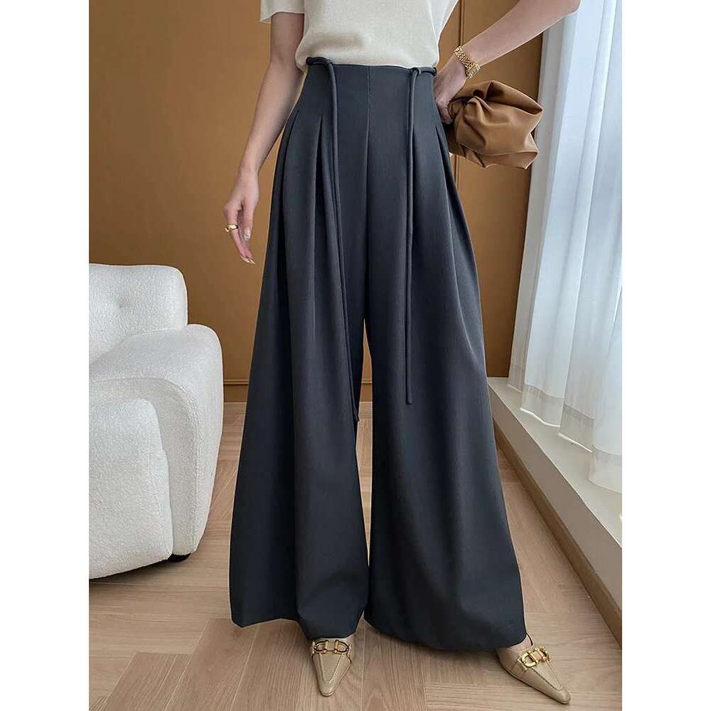2025 Spring Fashion Drawstring Suits Pants For Women High Waist Pleasted Wide Leg Trousers Office Lady Clothes