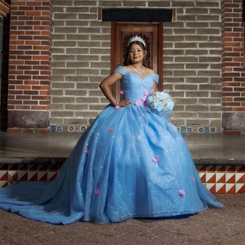 Fairytale Baby Blue Vestidos De 15 Quinceanera Charro Pink Florals Vestidos Para 15 Anos Butterfly Sweet 16 Dress Costume Masquerade Ball Gown Prom Dr