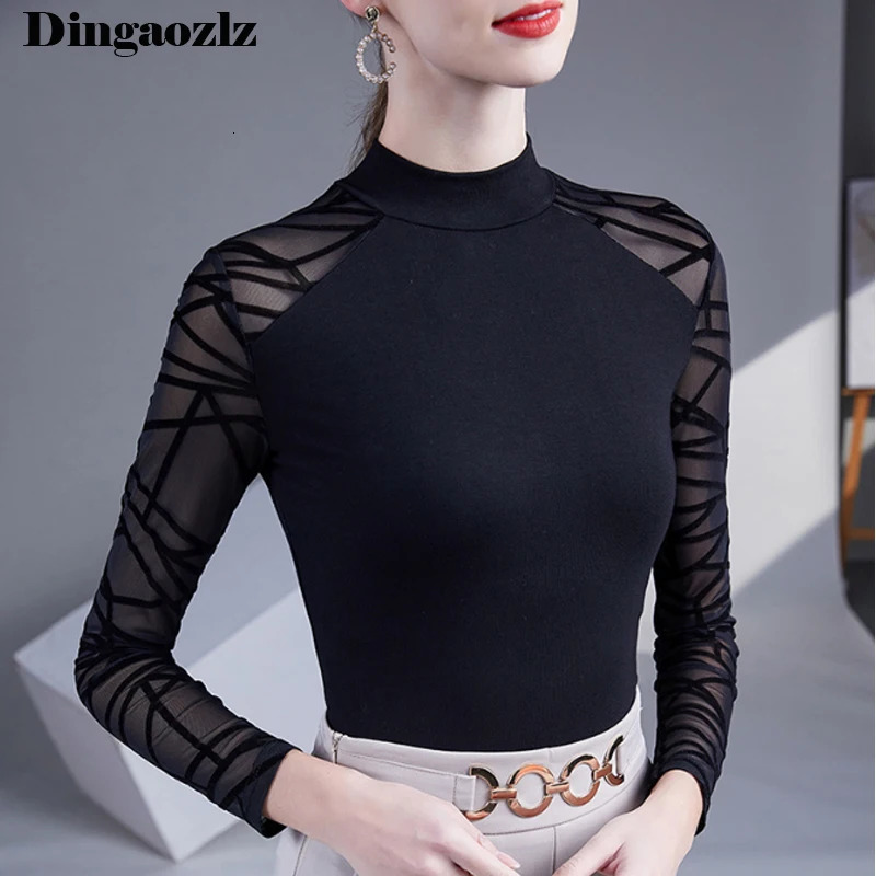 Spring Summer Women Tees Half High Collar Casual Black T Shirt Patchwork Half Sleeve Sexy Women Mesh Tops 250217