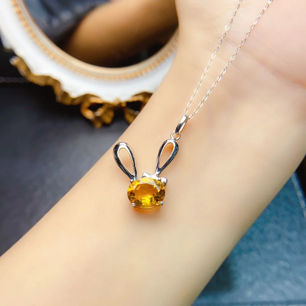 FS 8*10mmNatural Citrine Rabbit Pendant Necklace With Certificate S925 Solid Silver Fine Fashion Charm Jewelry for Women MeiBaPJ 250213