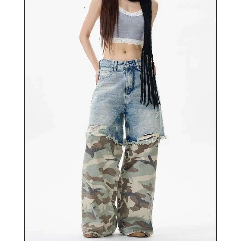 Splicing Together Women Y2k Vintage High Waisted Jeans Straight Streetwear Camouflage Loose Large Wide Leg Denim Pants