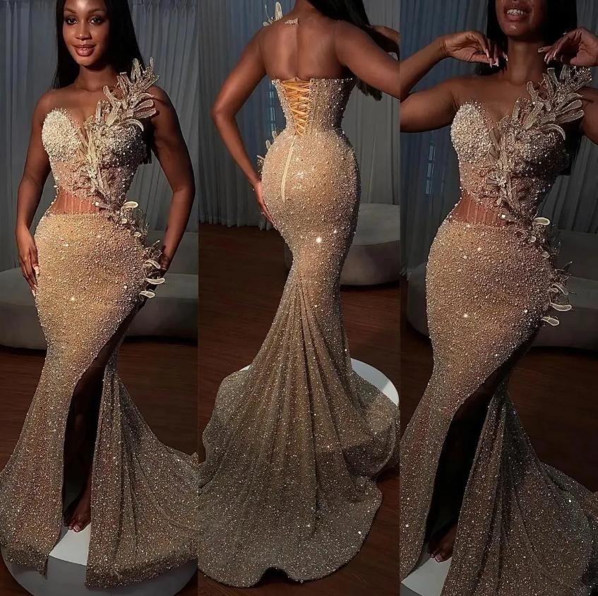 2024 Mermaid Prom Dresses Sparkly Sequins Illusion Bodice Beaded Applique High Split Custom Made Pleats Evening Gown Formal Ocn Wear Vestidos Plus Siz