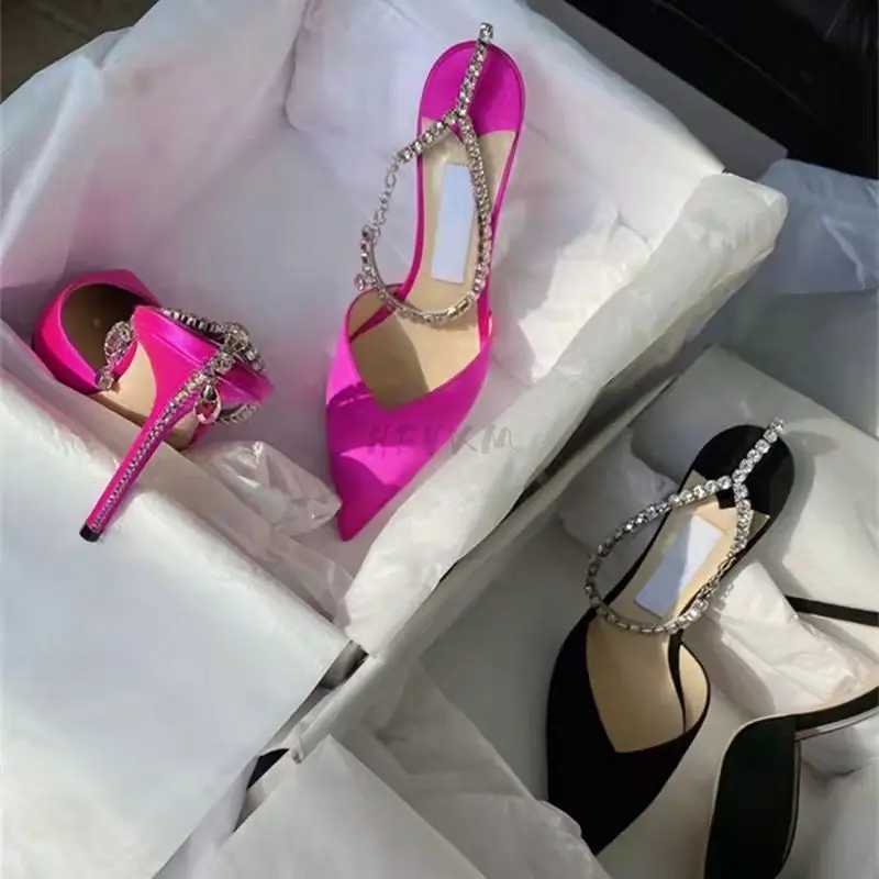 2023 Kmeioo Elegant Wedding Shoes Wan Ankle Strap Sandals Jewel Thin H Brideshoes Pointed Toe High H Slingback Pumps Y250211