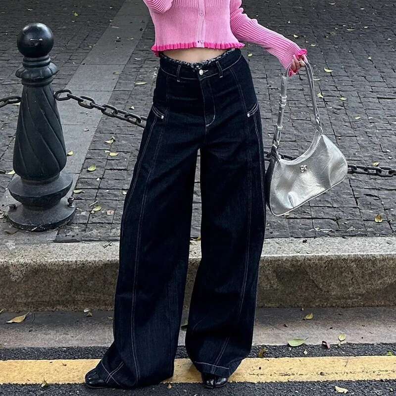 Black Jeans Women Vintage High Waisted Straight Trouser Hip Hop Loose Y2k American Streetwear Wide Leg Classic Denim Pants