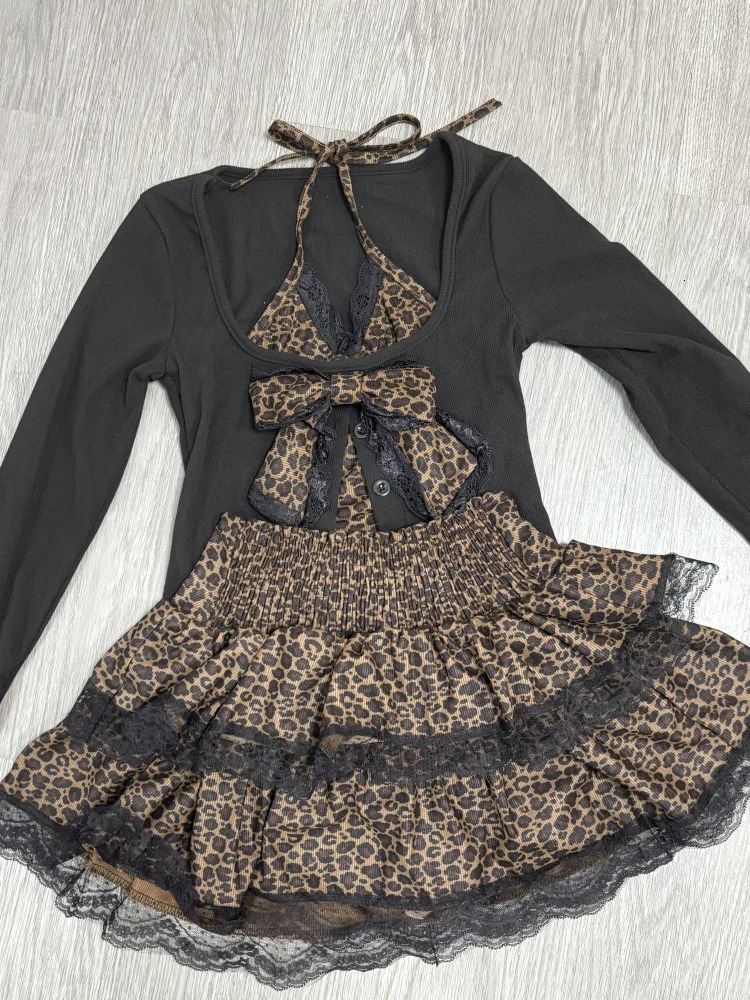 Autumn Winter Sexy Leopard Print Skirt Suit Women Two Piece Tops Lace Cake Set Japanese Y2k Bow Sets 2000s Clothing 250214