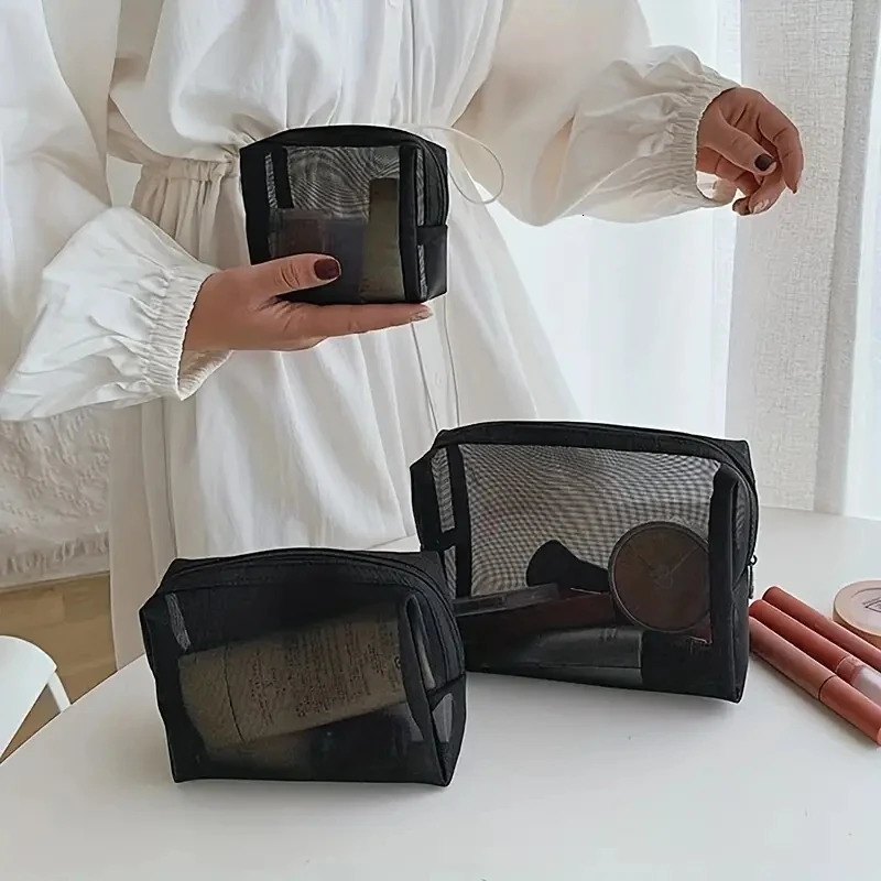 13pcs Mesh Clear Cosmetic Bags Small Large Black Makeup Bag Portable Travel Toiletry Organizer Case Lipstick Storage Pouch 250213