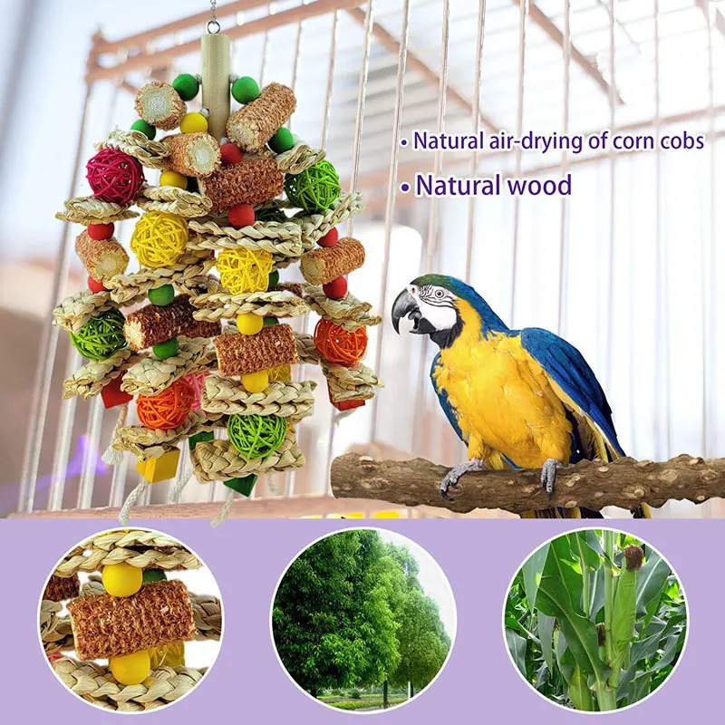 Parrot Toys Natural Corn Wood Parrot Bird Toys Love Bird Cage Funny Training Bird Toys Bite Resistant Bird Tearing Toy 250206