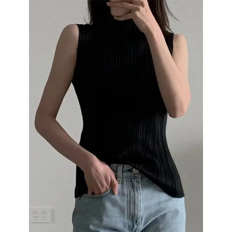 Miyake Pleated Elegant Fashion Temperament Solid Color Half High Neck Sleeveless Womens Vest Summer Breathable Top 250213