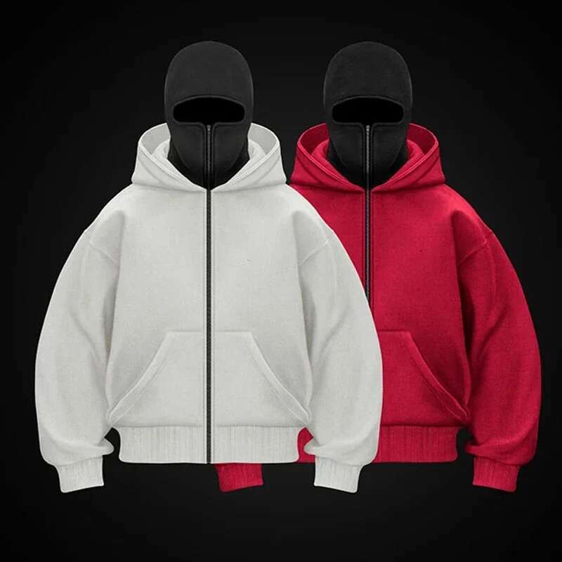 Solid Color Ninja 2025 Men Hip Hop Spliced Pullover Sweatshirt Autumn and Winter Retro Street Couple Tops Zip Up Hoodie