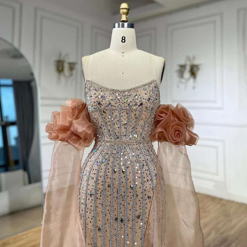 Peach Arabic Strapless Beaded Mermaid Evening Gown Vintage Half Puff Sleeve Dress Customize Party BLA