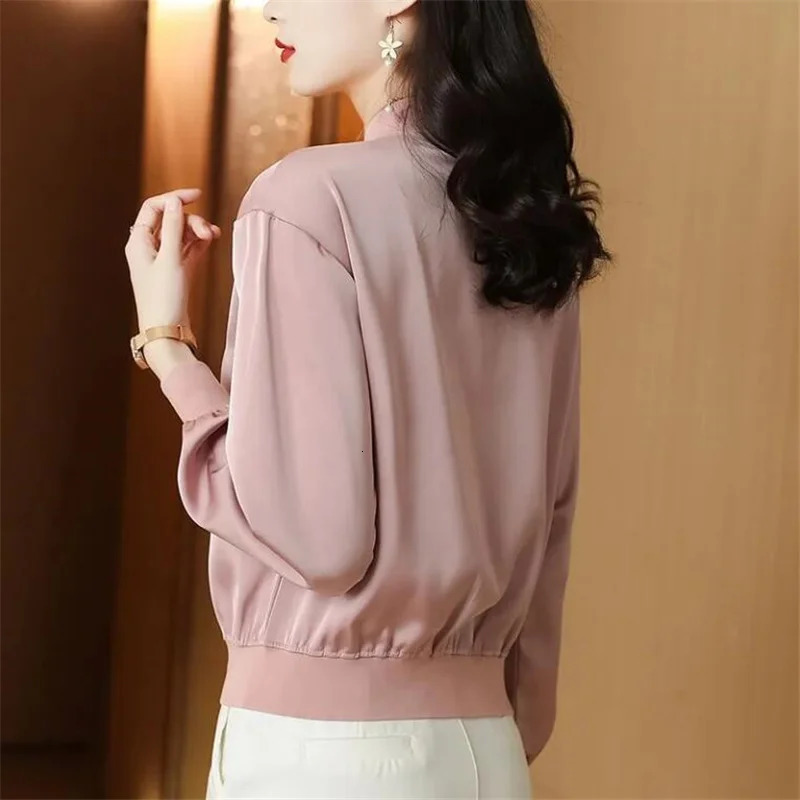 Silk Short Jackets Woman Coats Loose Satin Outwear Solid Color Cloth Zipper Baseball Jacket Spring Autumn Clothes Female 250213
