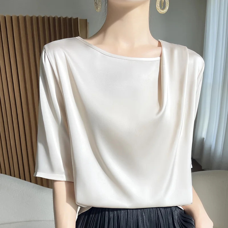 Spring Summer Female Silk T-shirts Half Sleeve Women O-Neck Solid Color Fashion Women Clothe Tees Casual Loose T Shirt Oversize 250217