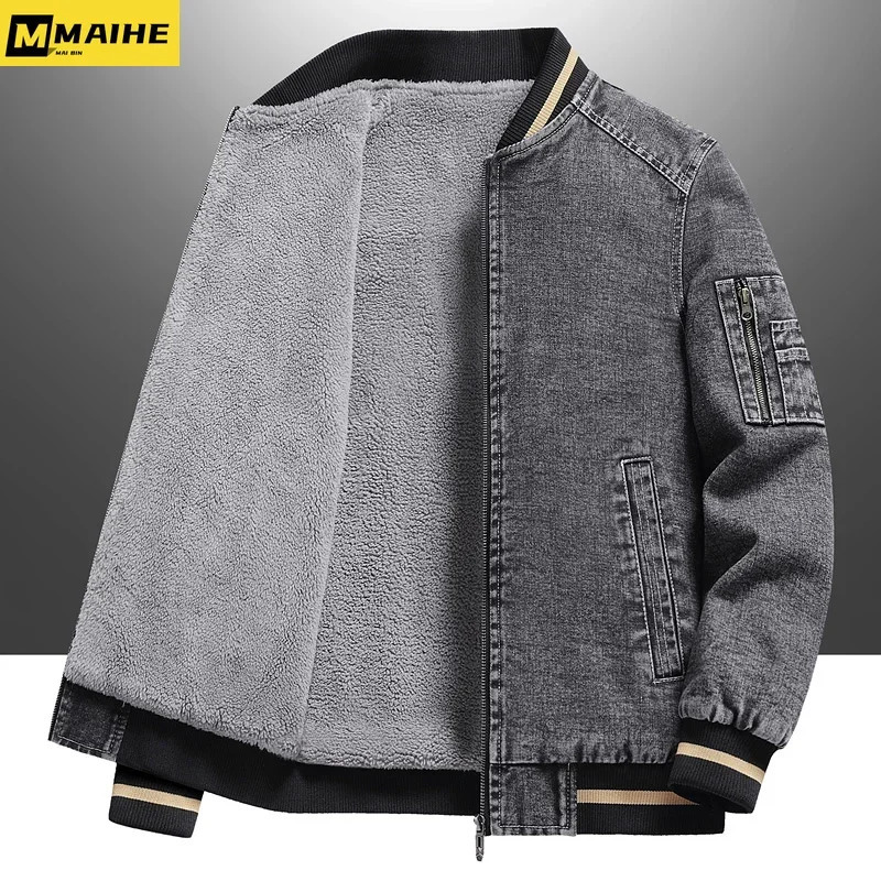 Autumnwinter vintage denim jacket men plus fleece thick warm coat Korean fashion clothing mens plussize bomber 250212