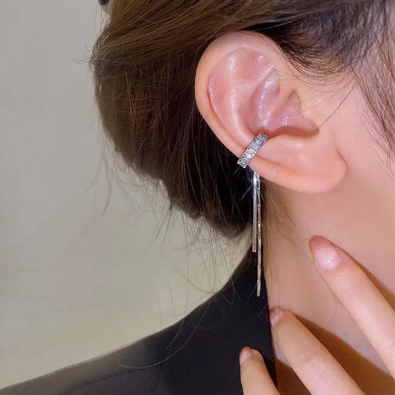 Fashion Zircon Shining C Shape Long Tassel Ear Cuff No Piercing Earrings Female n Simple Clip Party Jewelry 250213