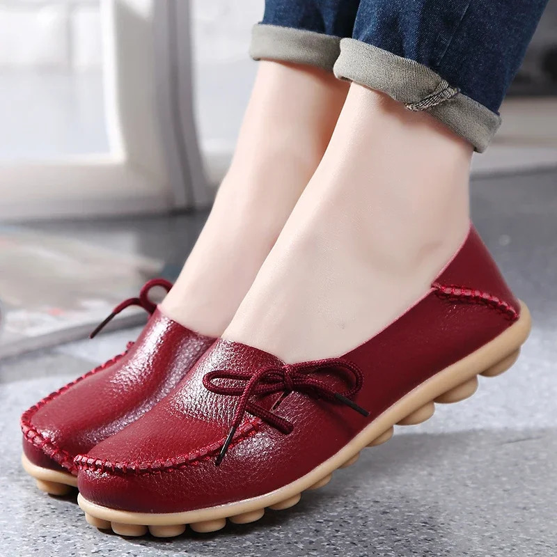 Moccasins Women Flats Autumn Woman Loafers Genuine Leather Female Shoes Slip on Ballet Bowtie Womens Shoes Big Size 250214