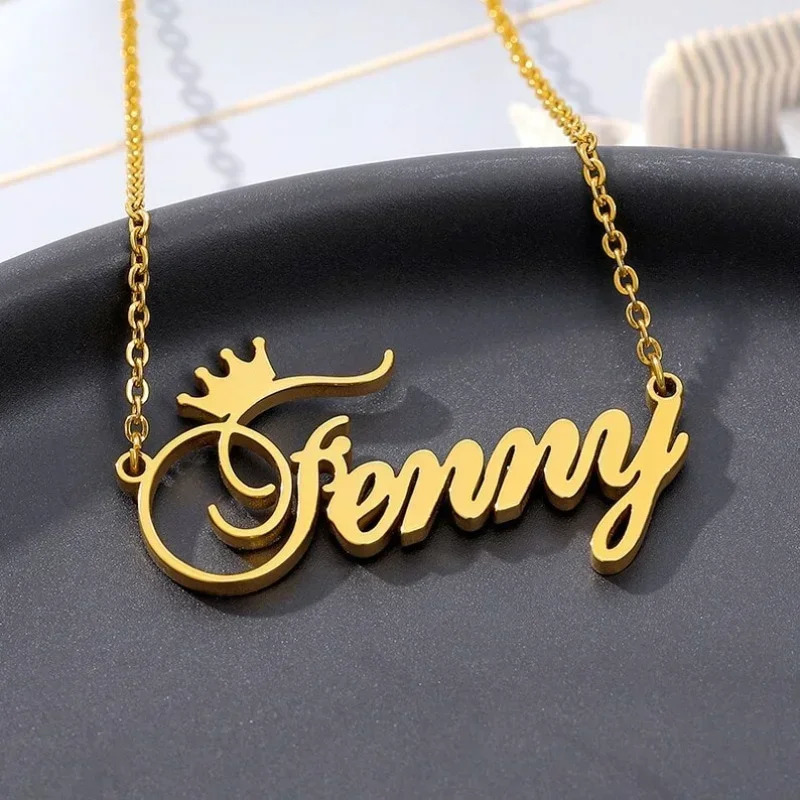 Custom Name Necklace for Women Personalized Crown Cursive Font Gold Stainless Steel Letter Pendant Choker Jewelry Christmas Gift 250210