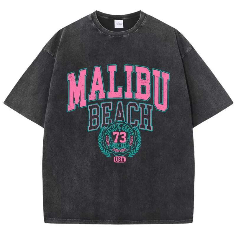 Malibu Beach Washed Designer T Shirt Women's Fashionable Letter Printed Cotton T-shirts Comfortable Round Neck Top Casual Oversized Tshirt Women&