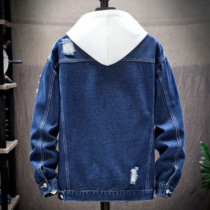 Hole denim jacket mens trend Korean version loose large size casual hooded spring and autumn style 250212