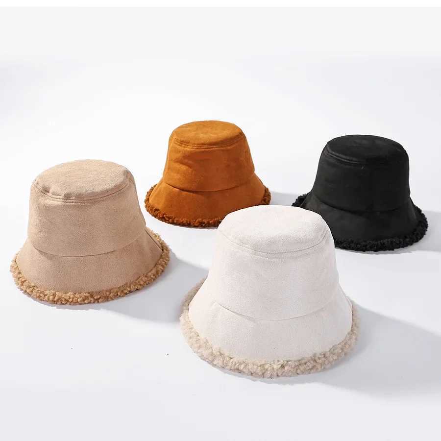 Suede warm Bucket Hat Women autumn and winter Cashmere splicing thickened fisherman hat Casual basin cap W250217