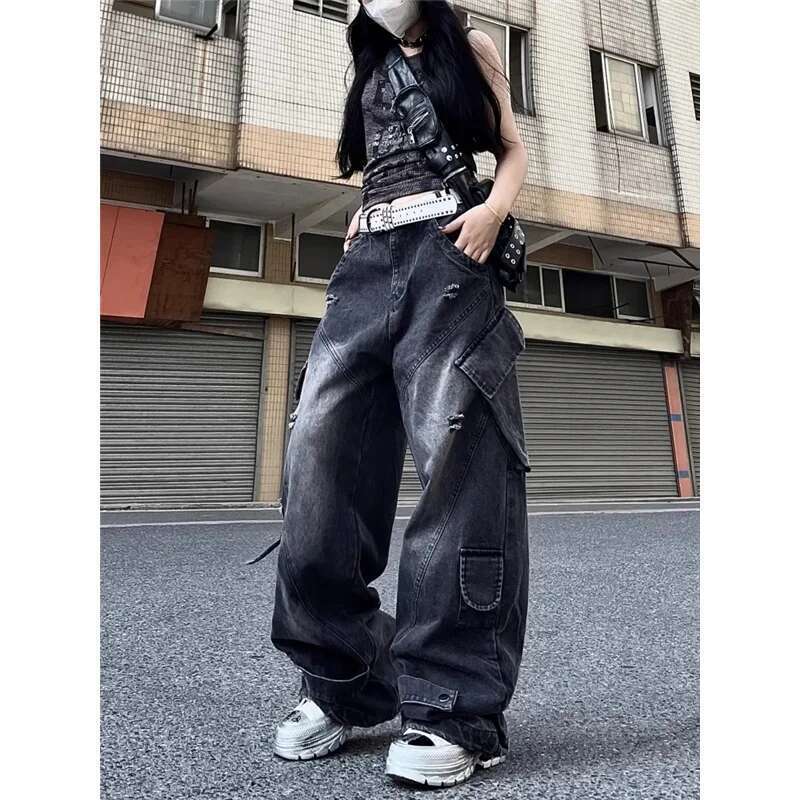 Black Womens Jeans High Waist Vintage Straight Baggy Pants Hip Hop 90S Y2k Design Sense Wide Leg Large Size Denim Trouser