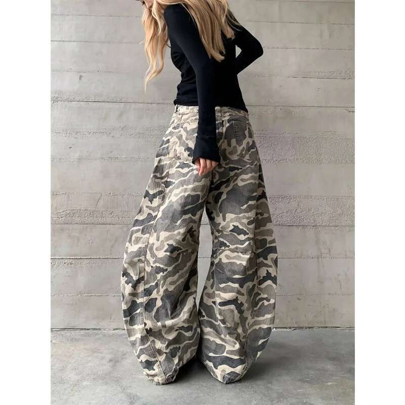 Camouflage Khaki Jeans Women Vintage High Waisted Straight Trouser Y2k American Streetwear Wide Leg Classic Denim Pants