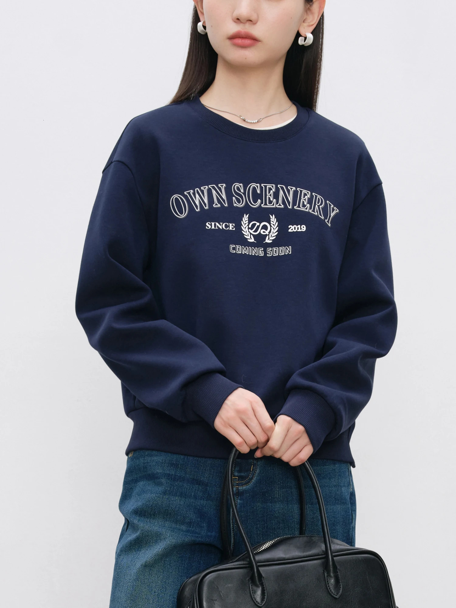 ZIQIAO Women Sweatshirts Letter Print Retro Casual Female Grey Pullover Sweatshirt Drop Sleeve Navy Blue Winter Tops 24ZQ94295 250213