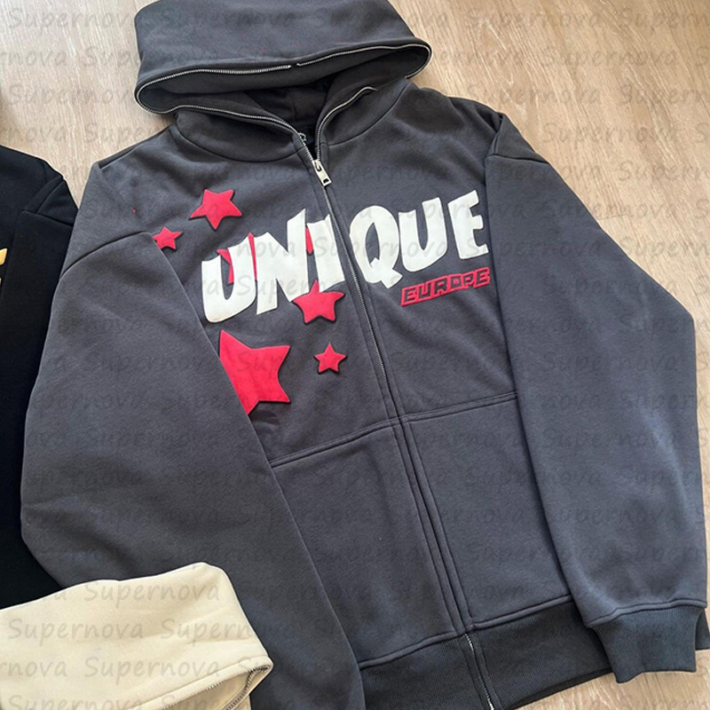 High Street Trendy Autumn/Winter Letter Printed Hoodie Set for Street Casual Hip Hop Zipper Hoodie 241028