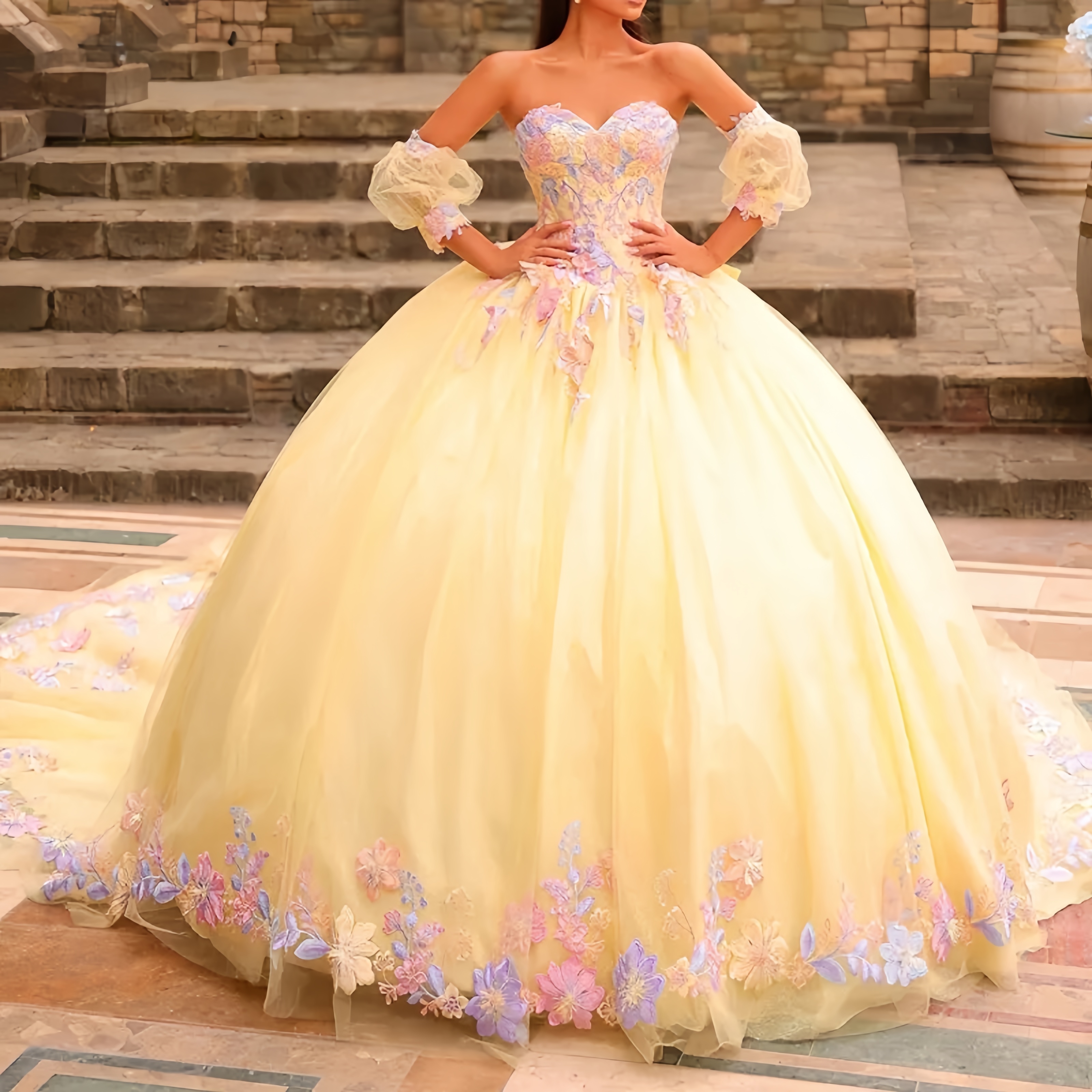 Light Yellow Tulle Princess Quinceanera Dresses With Colorful Flower Lace Appliques Sweetheart Corset Long Special Occasion Gown Detachable Sleeves Pr