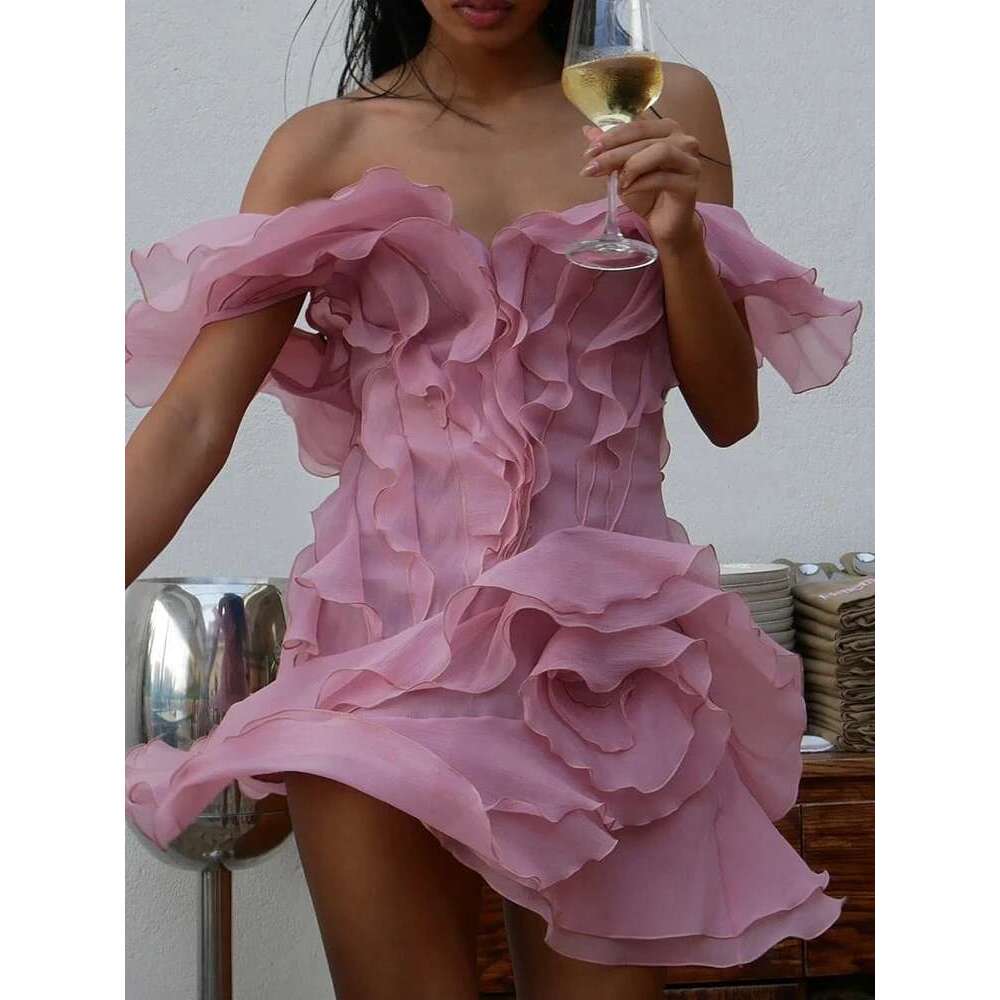 Elegant Women's Dress Unce Irregular Gauze Mini Slash Neck Solid Color Evening Party Dresses 2025 Spring New